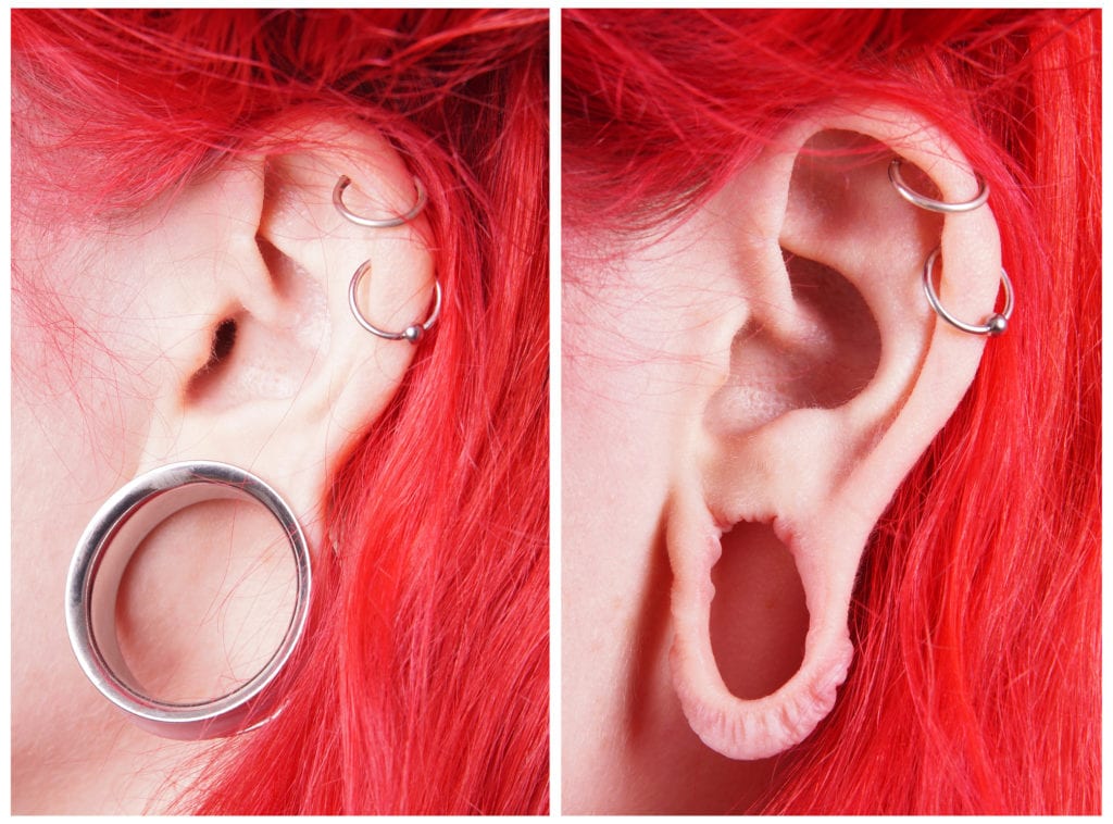 close up woman's ear with large earing and another photo of the ear piece removed